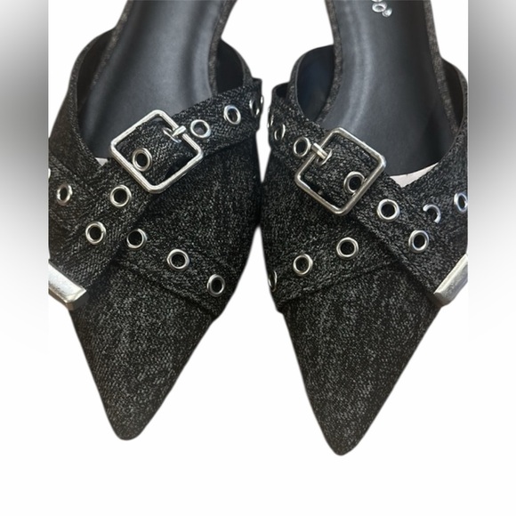 Bamboo Buckle Mule Size 6 Black Denim Slip On Flats Pointed Toe New With Box - Picture 5 of 11
